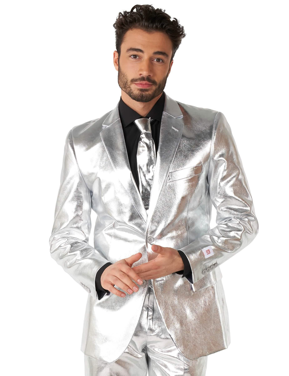 Krupni plan na jaknu i kravatu Kostima Mr. Shiny Silver za muškarac