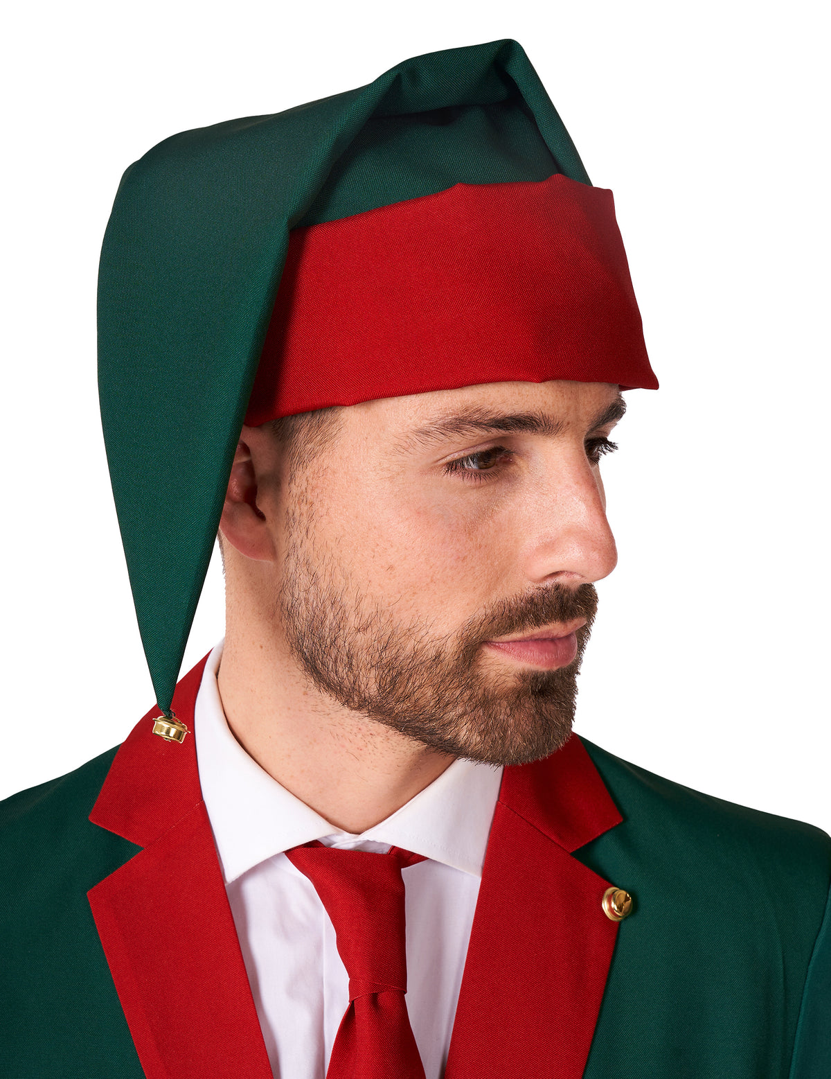 Vue de profil du bonnet du costume Elfe du Père Noël Suitmeister