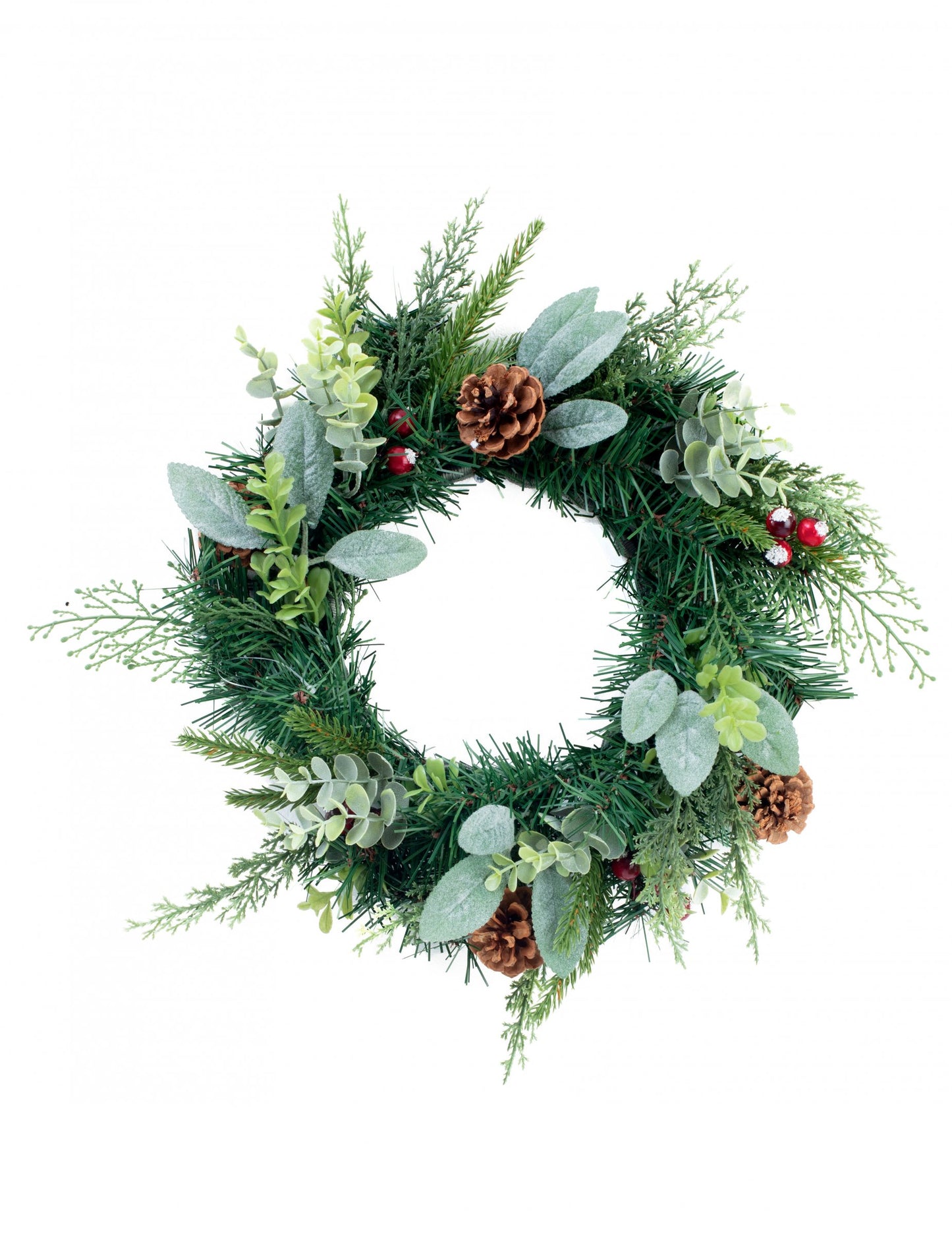 Božićni vijenac s jelom i eukaliptusom 40 cm s crvenim bobicama