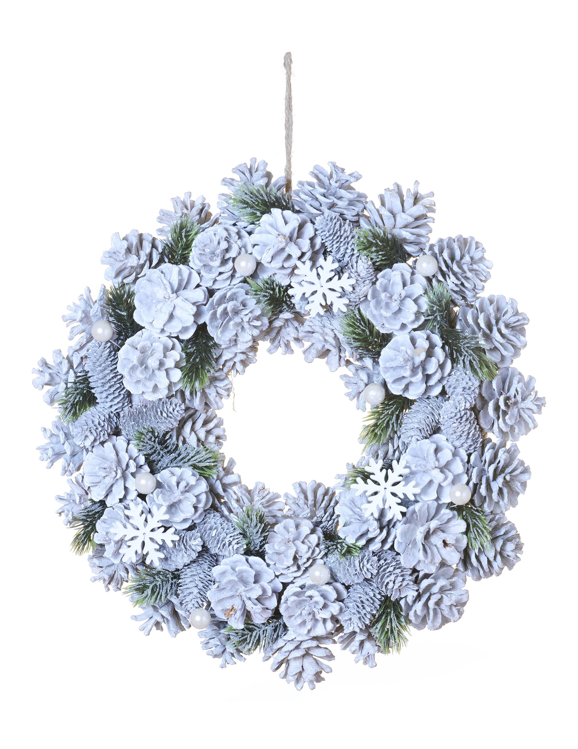 Couronne de noël pommes de pin et sapin enneigé pour la maison blanc givré avec flocons et perles