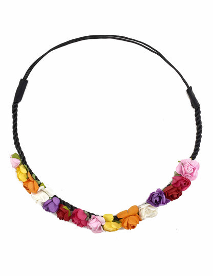 Couronne de fleurs pour femme multicolore avec petites roses et lien noir