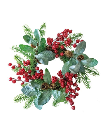 Vijenac od crvenih bobica 40 cm, jela i borovi češeri