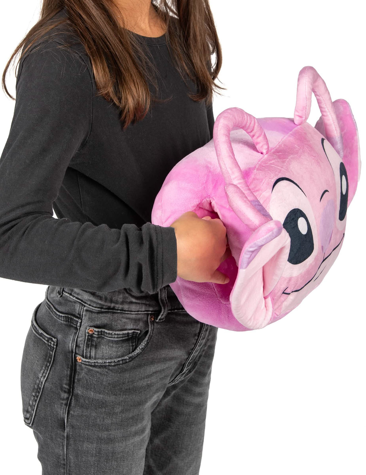 Détail de l'ouverture pour les mains du coussin cocooning en forme de tête Angel Lilo & Stitch™