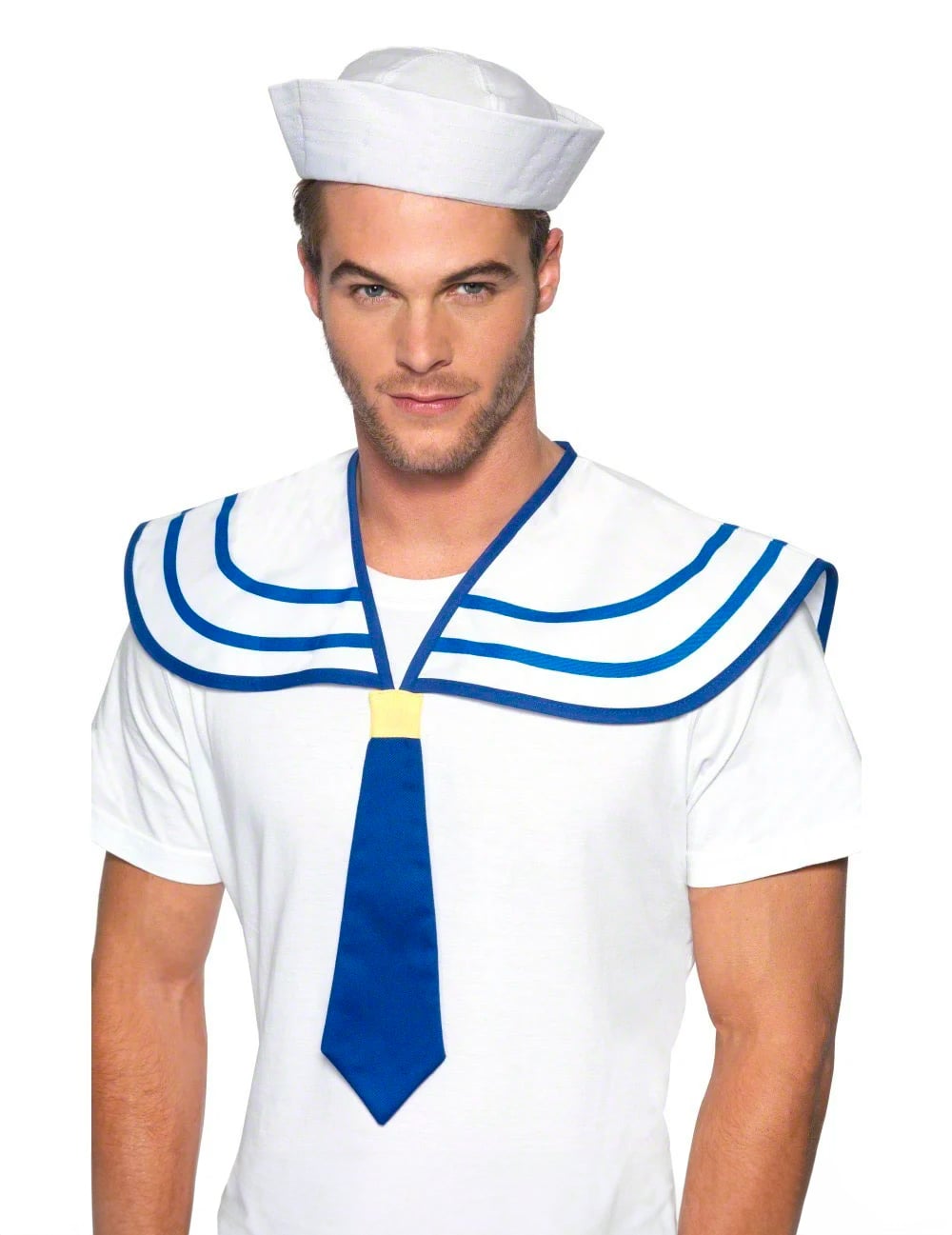 Cravate et collerette de marin pour adulte blanc et bleu avec chapeau