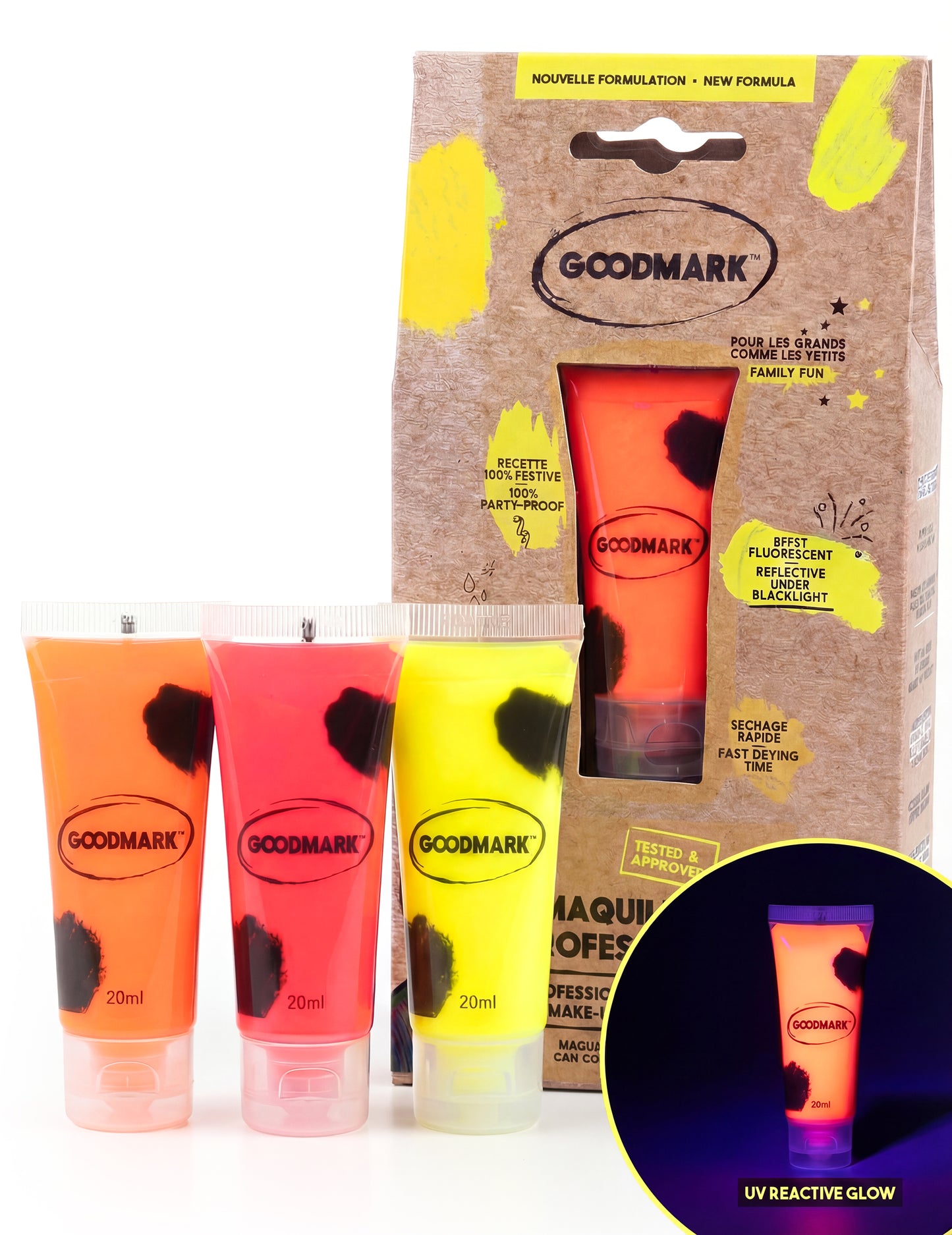 Crème maquillage professionnelle UV pour adulte et enfant orange rose et jaune fluo