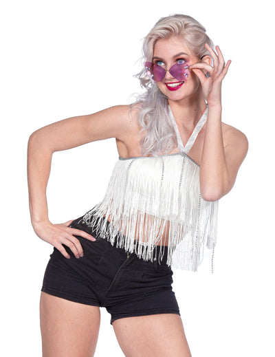 Ženski bijeli festivalni crop top s resicama