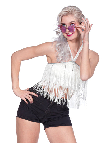 Ženski bijeli festivalni crop top s resicama