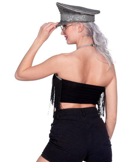 Ženski crni festivalni crop top s resicama