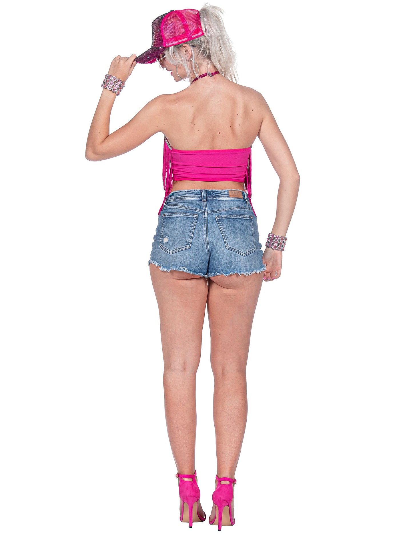 Ženski ružičasti festivalni crop top s resicama