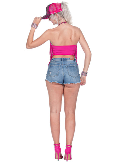 Ženski ružičasti festivalni crop top s resicama