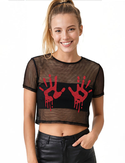 Crni mrežasti crop top s krvavim rukama za odrasle