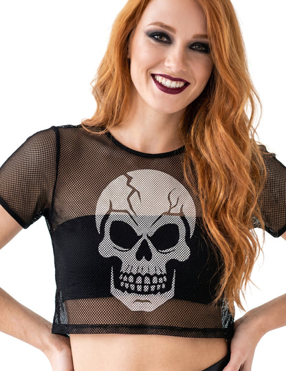 Crni mrežasti crop top s lubanjom za odrasle