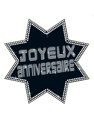 Cut-out étoile Joyeux anniversaire VIP pour fête noir et blanc avec effet strass