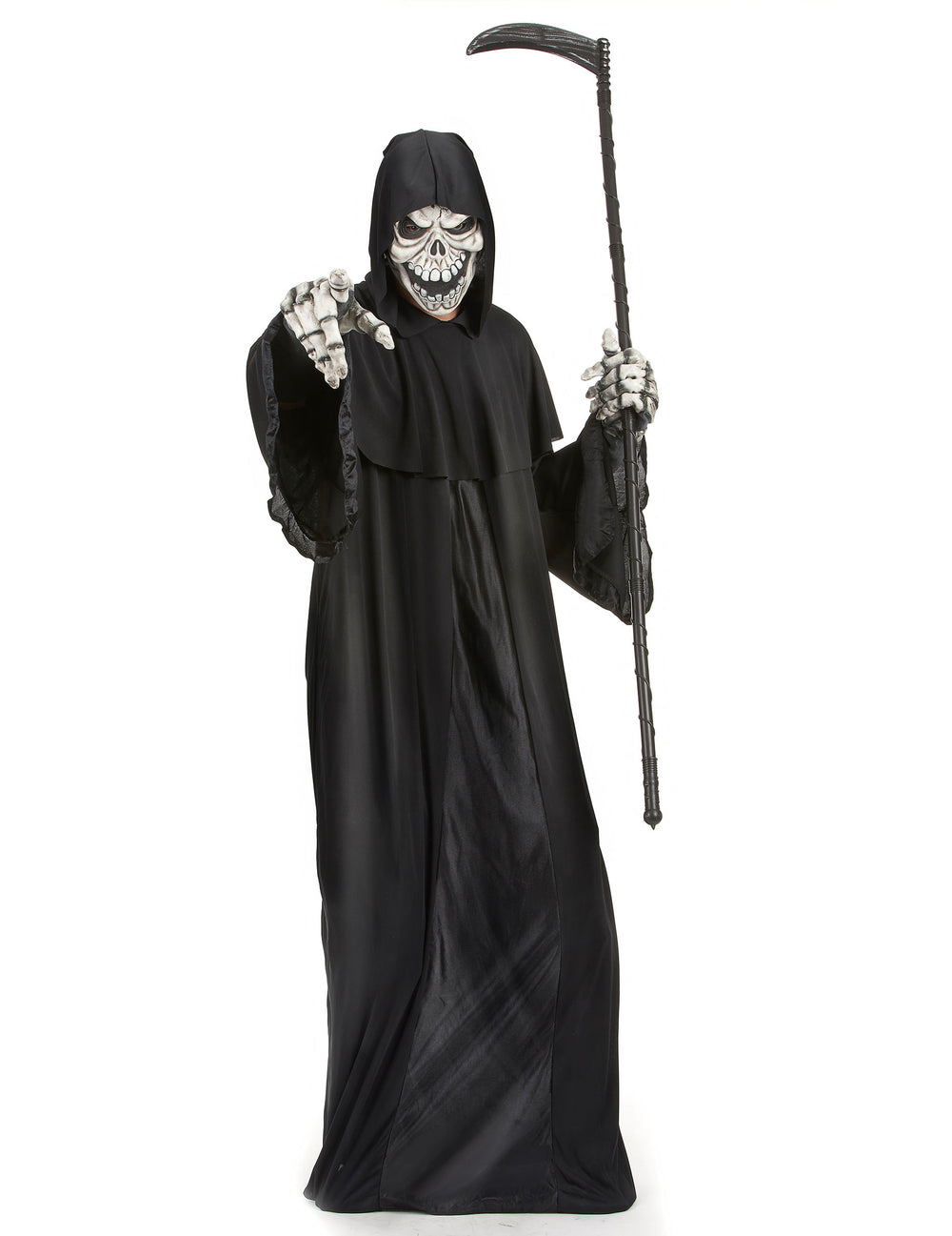 Déguisement de faucheuse pour homme noir avec masque de squelette et faux