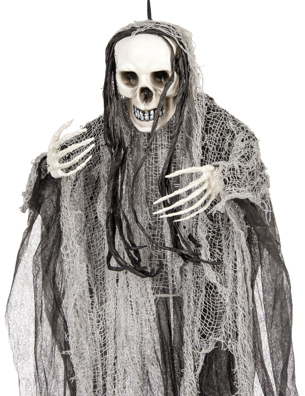 Détail du crâne et des mains de la décoration à suspendre faucheuse Halloween