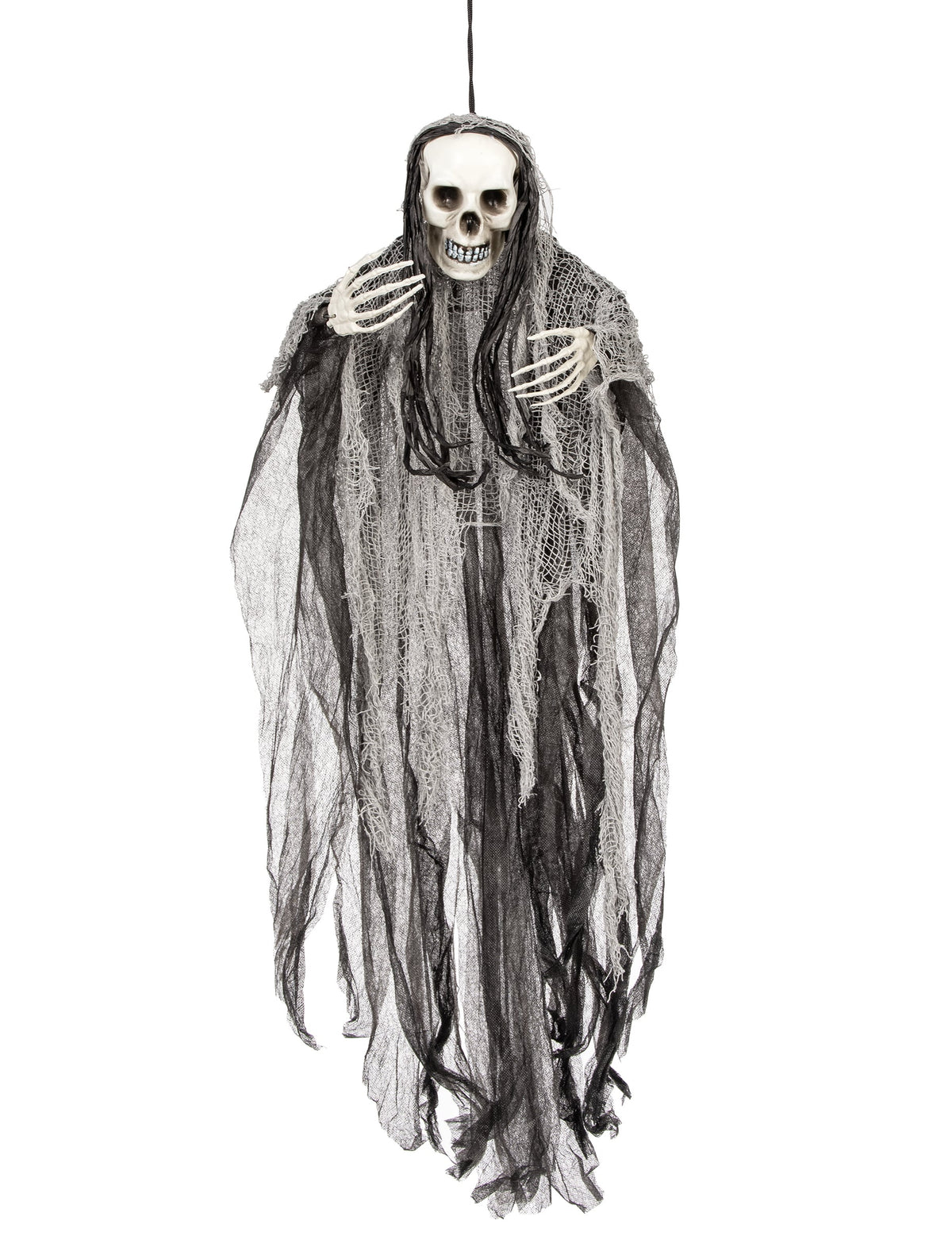 Décoration à suspendre faucheuse Halloween noir et gris avec longs voiles et cheveux
