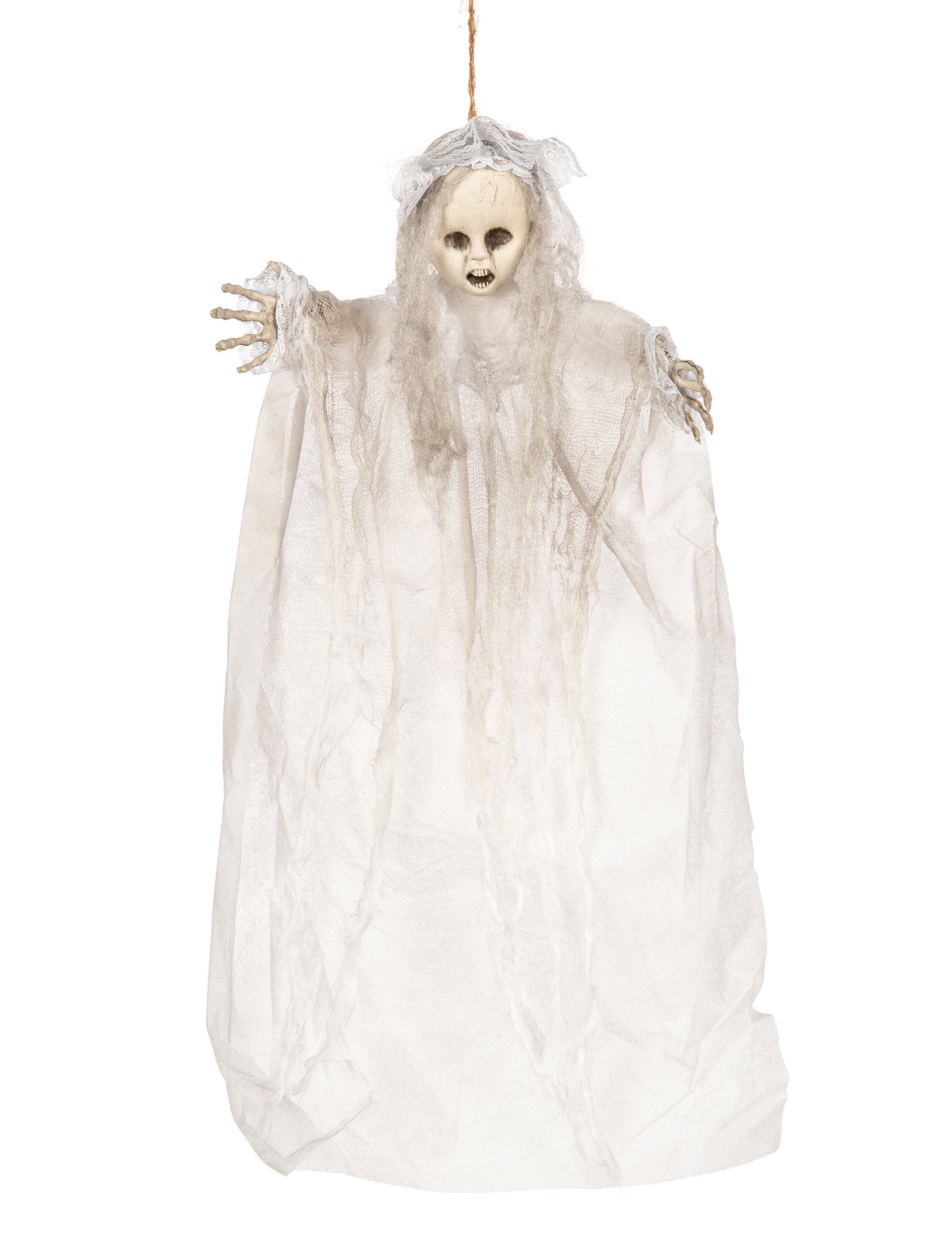 Décoration à suspendre poupon fantôme pour Halloween blanche avec dentelle et voilage