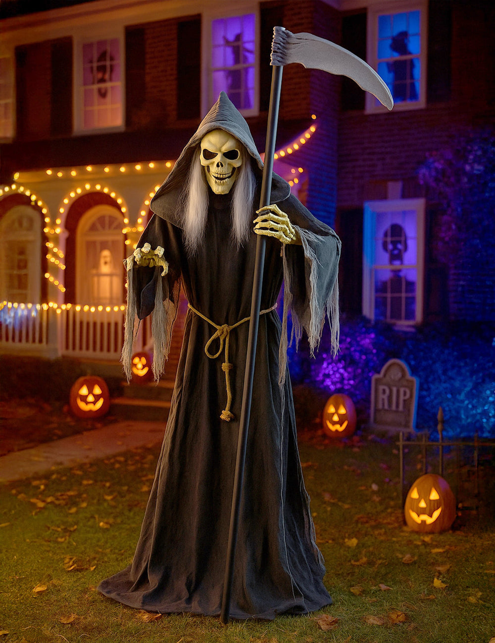 Décoration animée faucheuse géante pour Halloween noire avec faux