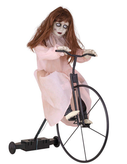 animirana dekoracija opsjednute djevojčice na biciklu za halloween roza haljina s pokretom