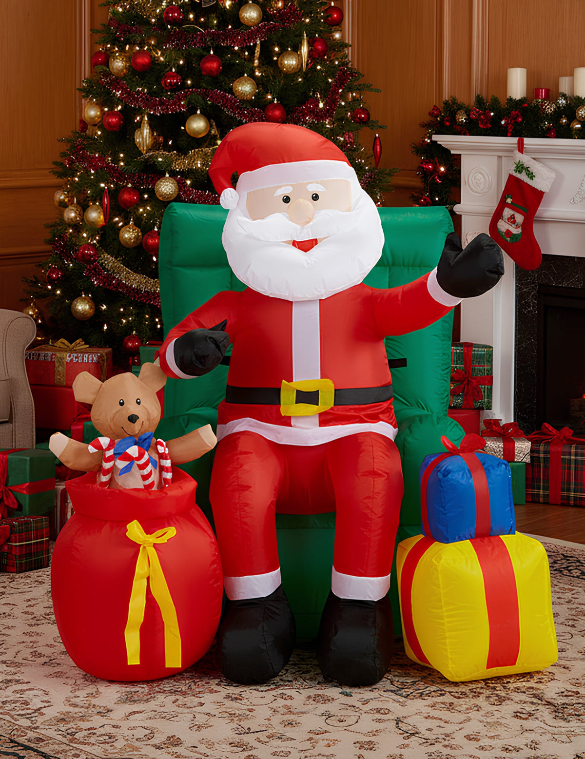 Décoration animée gonflable Père Noël assis avec cadeaux rouge et blanc avec ours en peluche
