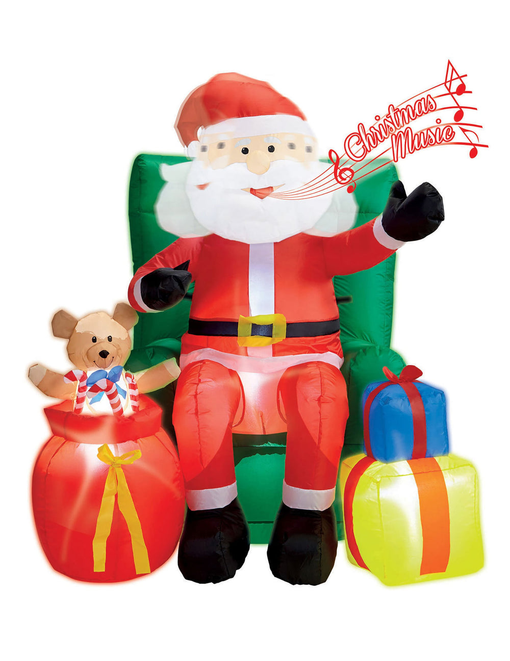 Détail de l'animation musicale de la décoration animée gonflable Père Noël assis avec cadeaux