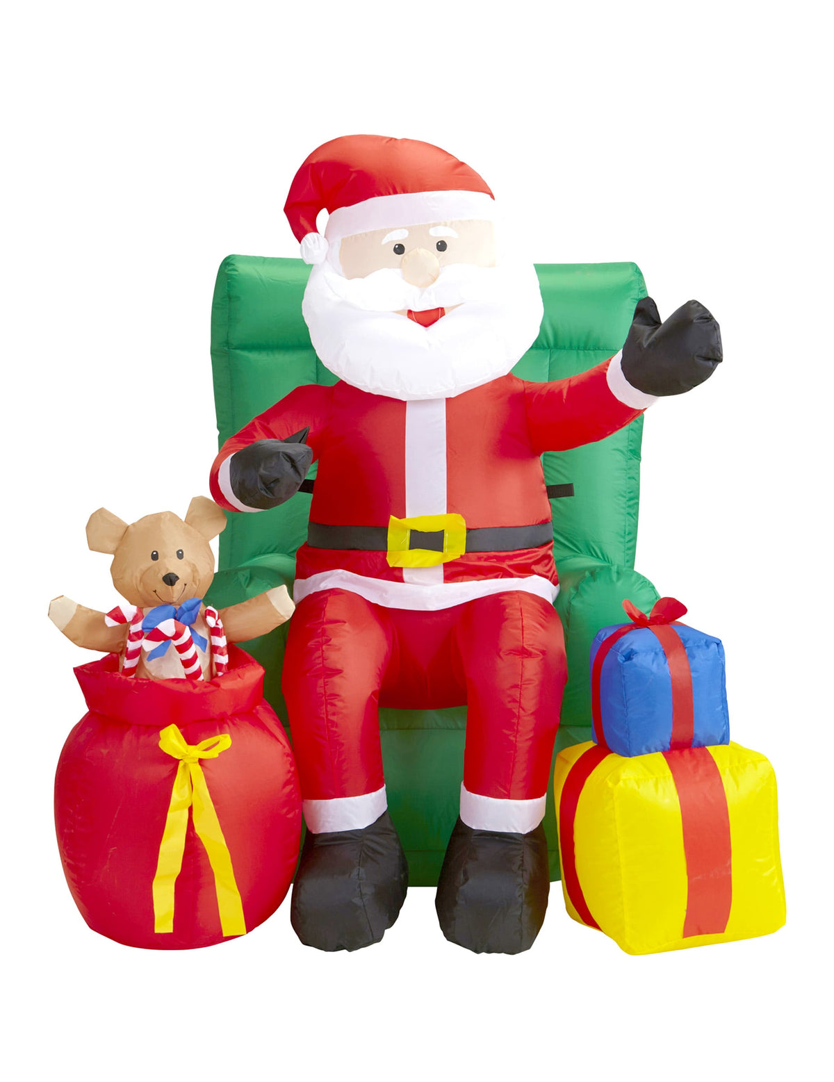 Vue de face de la décoration animée gonflable Père Noël assis avec cadeaux