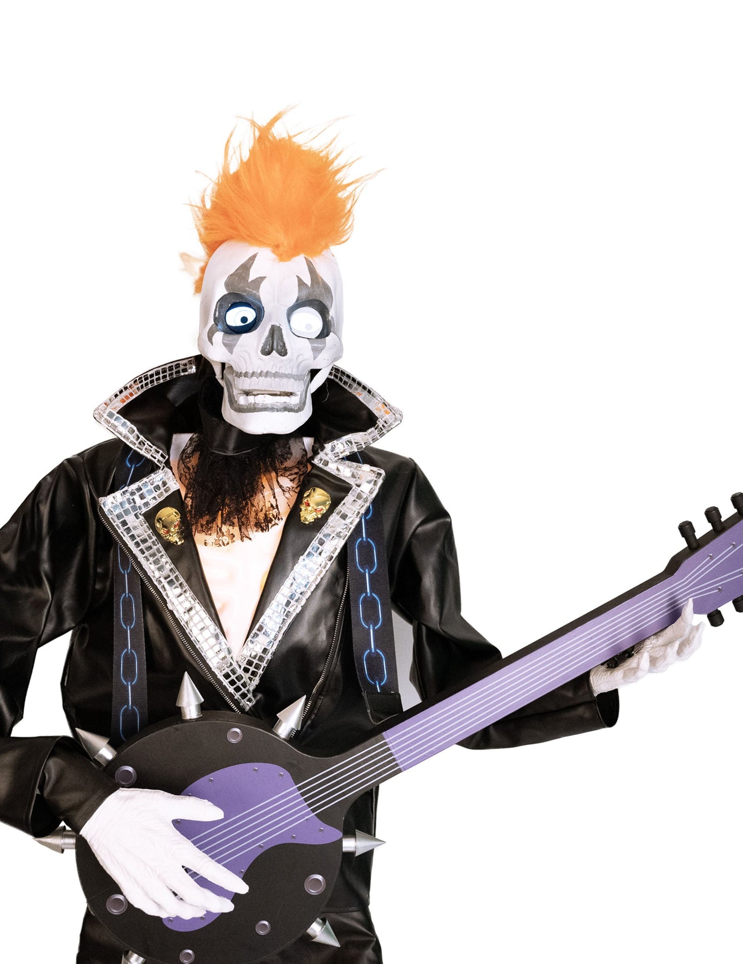 Gros plan sur le squelette à crête orange de la décoration animée et sonore duo squelettes punk rock