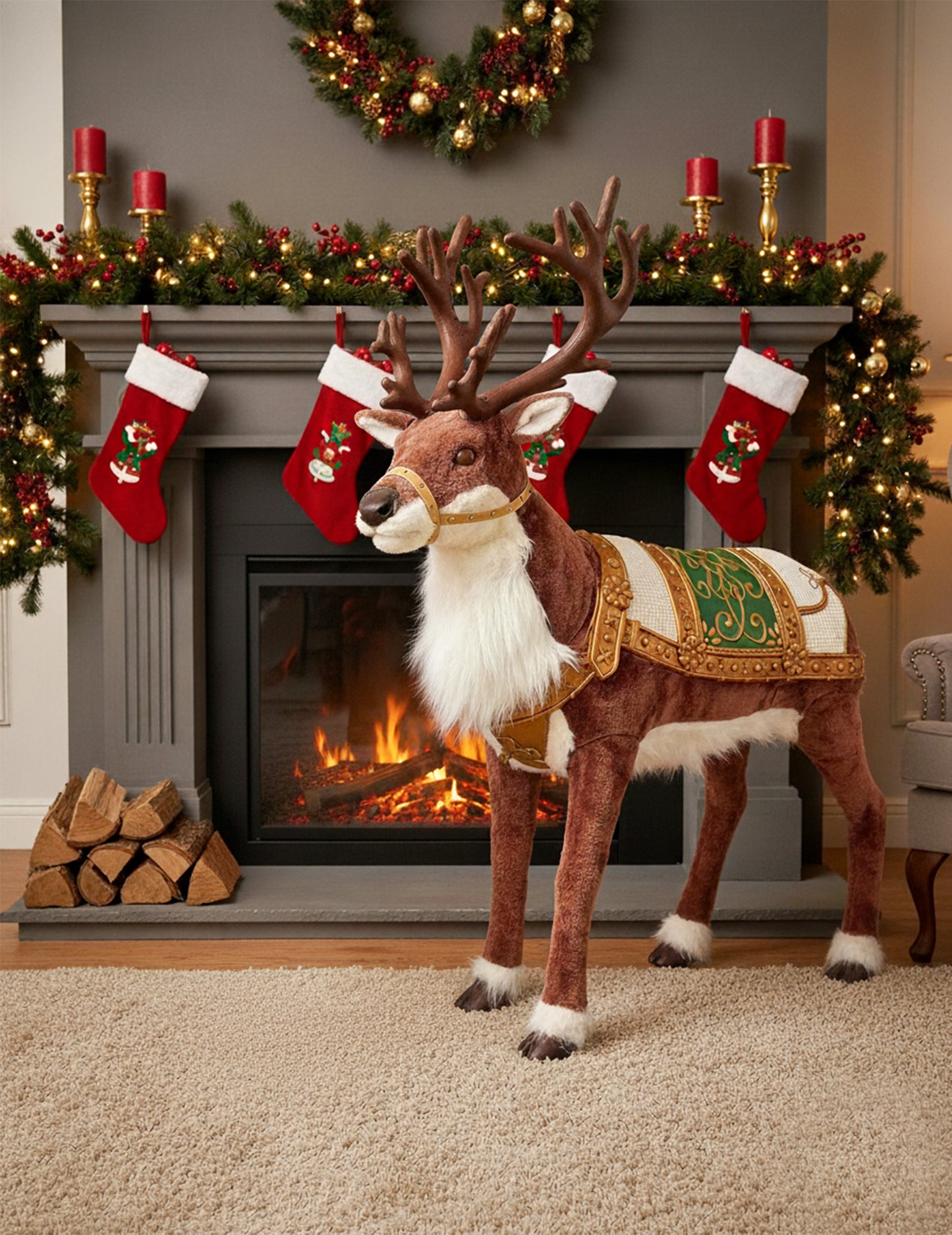 Animirani božićni ukras sa sobovima sa zvukom i pokretom 143 cm