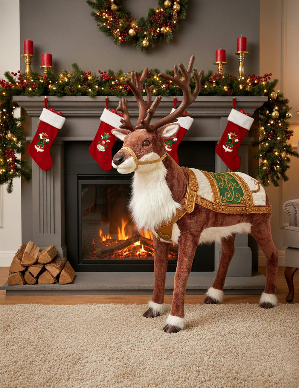 Mise en situation devant une cheminée de la décoration animée renne de Noël avec son et mouvement