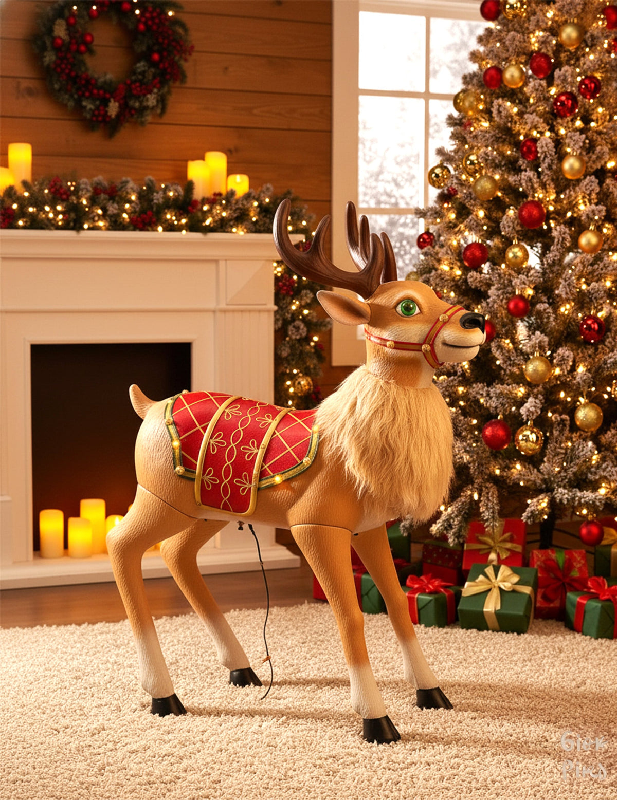 Mise en situation de la décoration animée renne fantaisiste de Noël