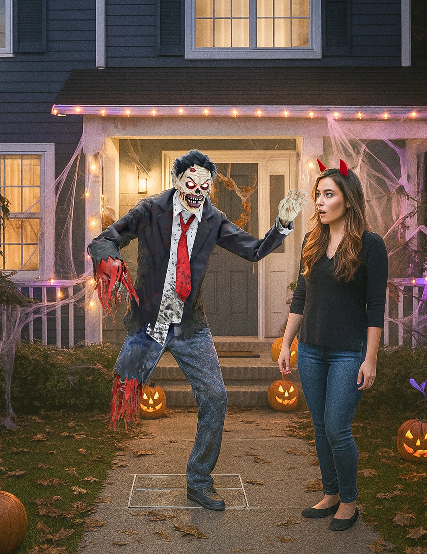 Animirana dekoracija slomljenog zombija sa zglobnim rukama, zvukom i svjetlima, 1,8 m