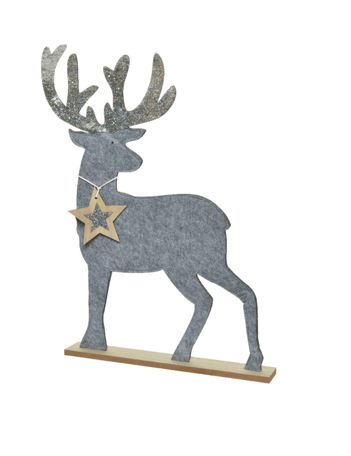 Srebrni ukras s jelenima u obliku šljokica 40 cm na drvenoj podlozi