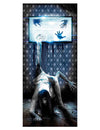 Décoration de porte film d'horreur pour Halloween bleue avec fille sortant d'une télévision