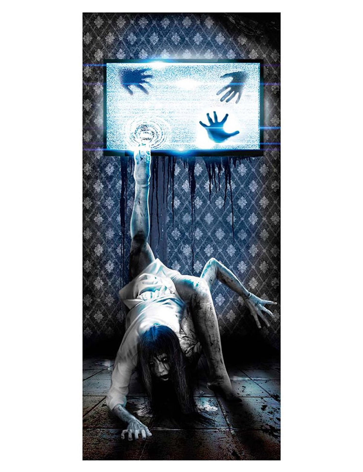 Décoration de porte film d'horreur pour Halloween bleue avec fille sortant d'une télévision