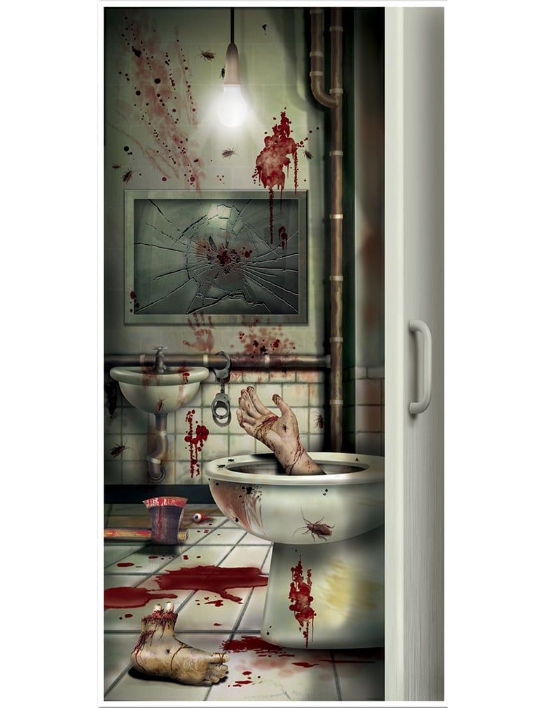 Décoration de porte toilette en sang multicolore avec main sanglante et hache