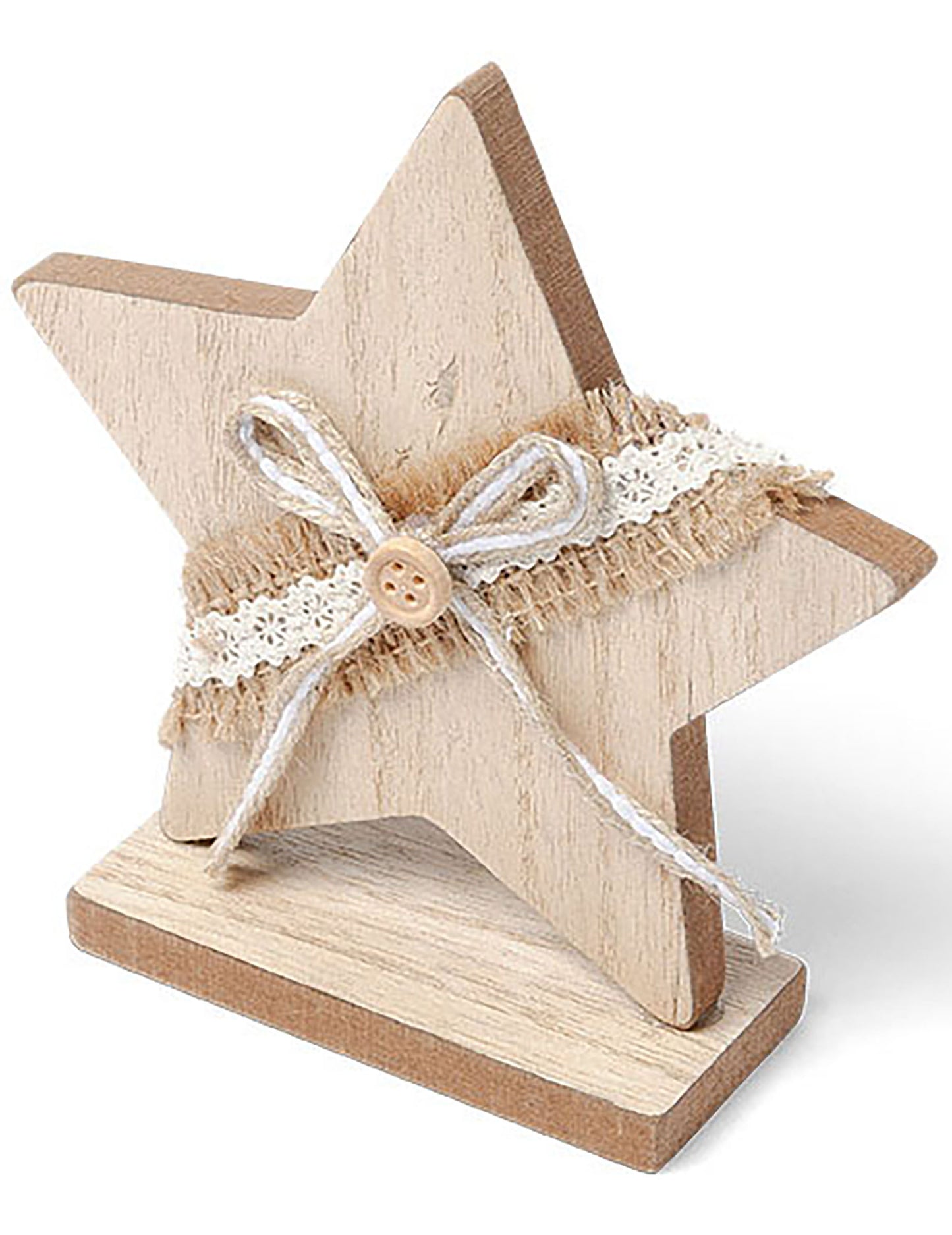 Drvena zvjezdasta dekoracija s jutom i čipkom 13 cm 