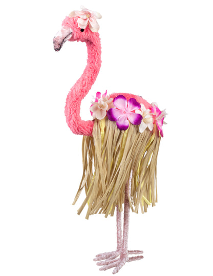 Décoration flamant rose sur pieds pour la fête rose avec jupe hawaïenne et fleurs