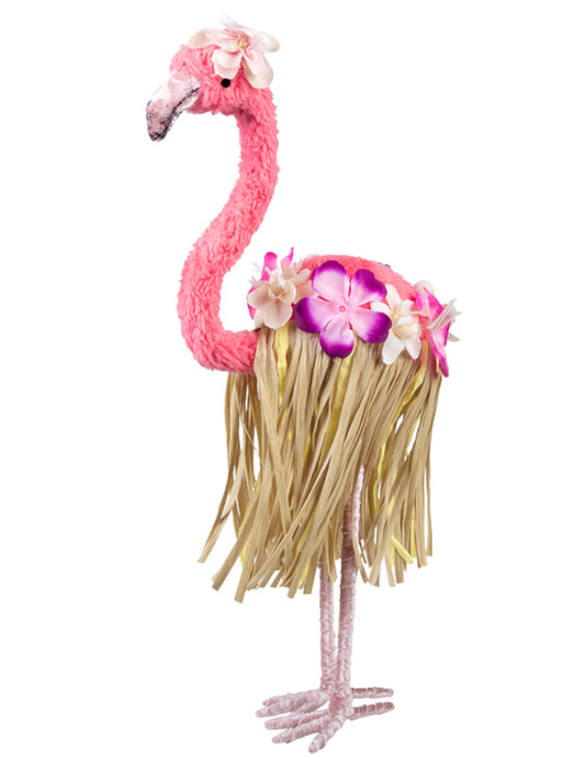 Décoration flamant rose sur pieds pour la fête rose avec jupe hawaïenne et fleurs