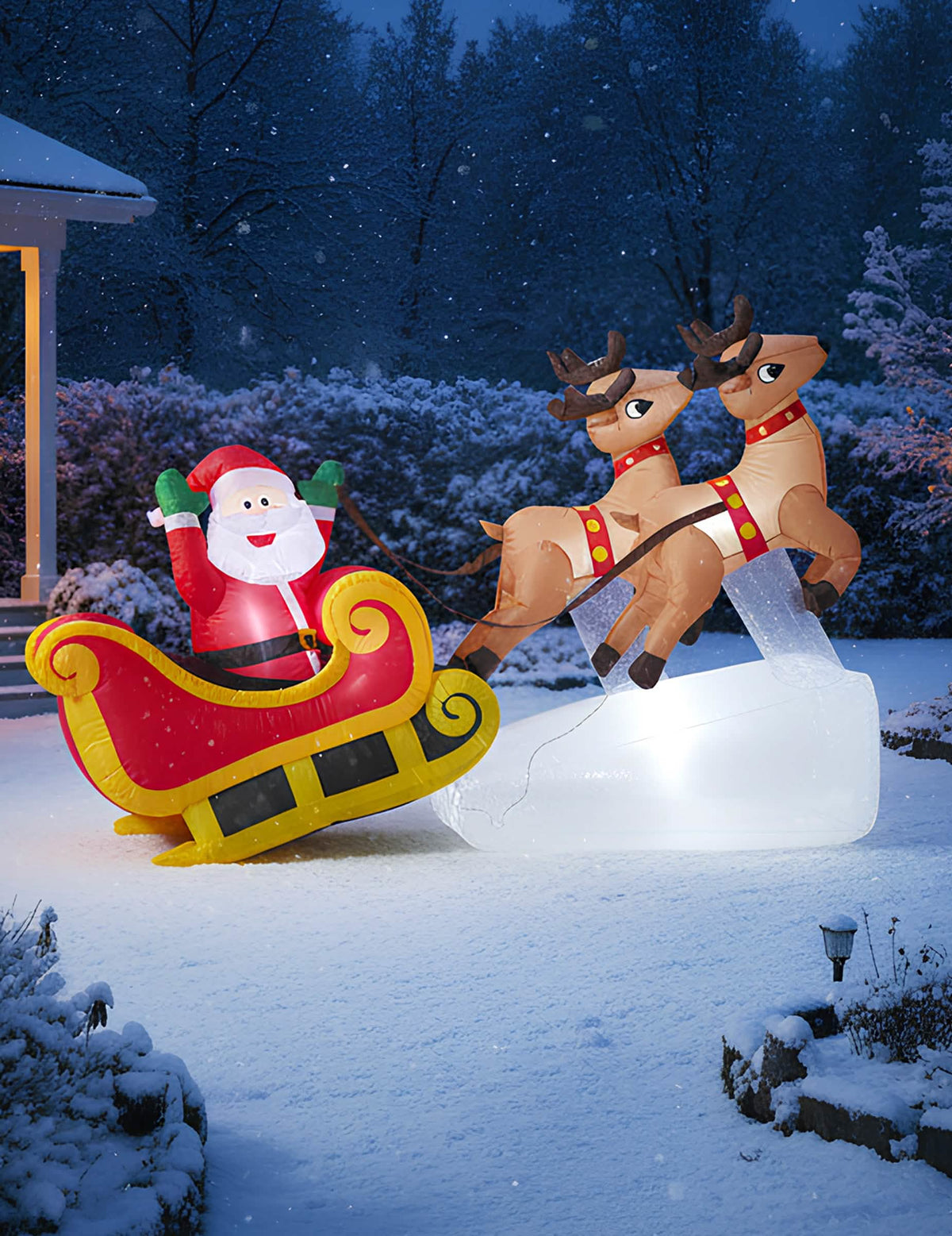 Décoration gonflable lumineuse traîneau du Père Noël pour extérieur rouge et jaune avec deux rennes