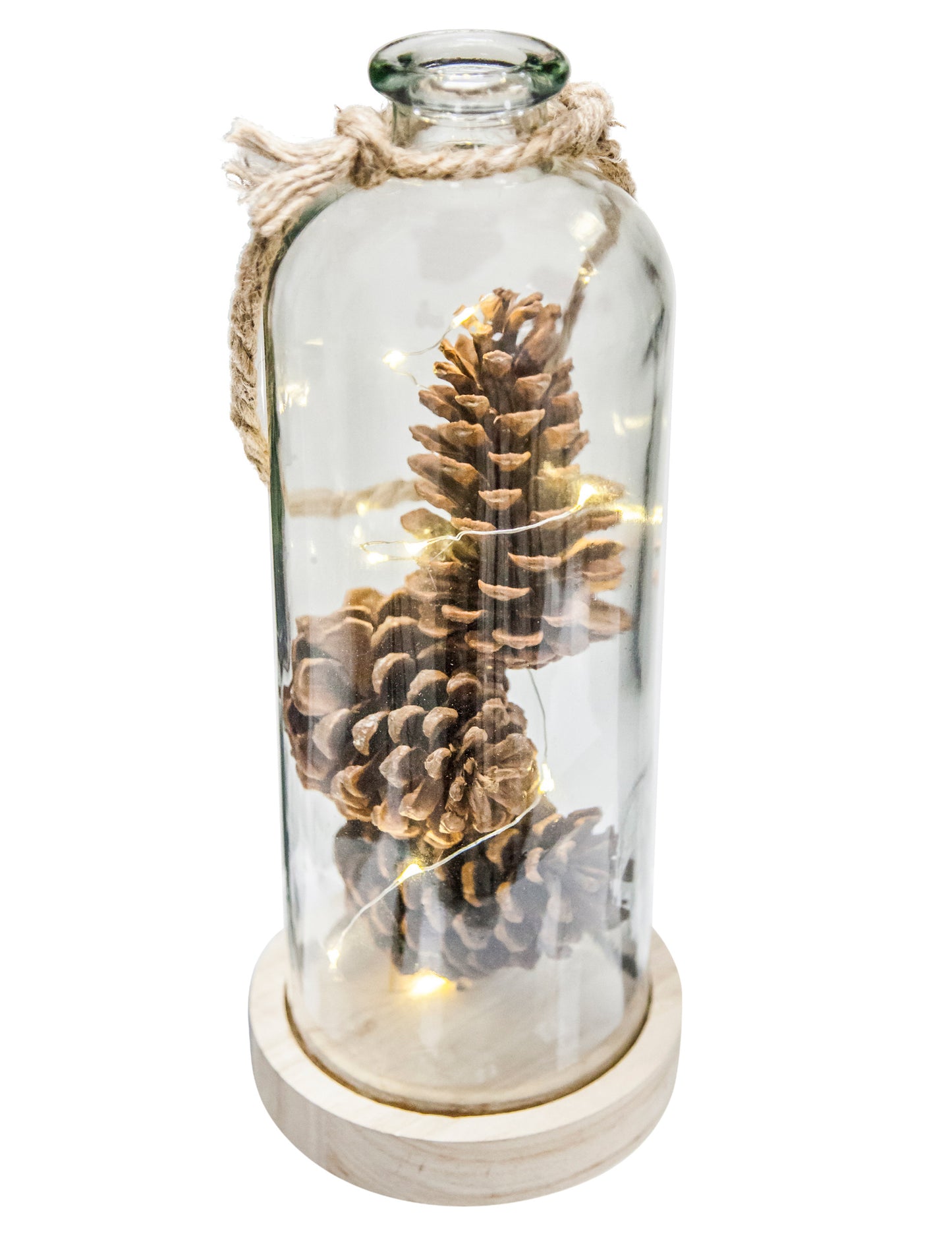 Vue de face de la décoration lumineuse vase avec pommes de pin