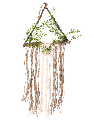 Décoration lumineuse végétale et jute beige et vert en forme de triangle