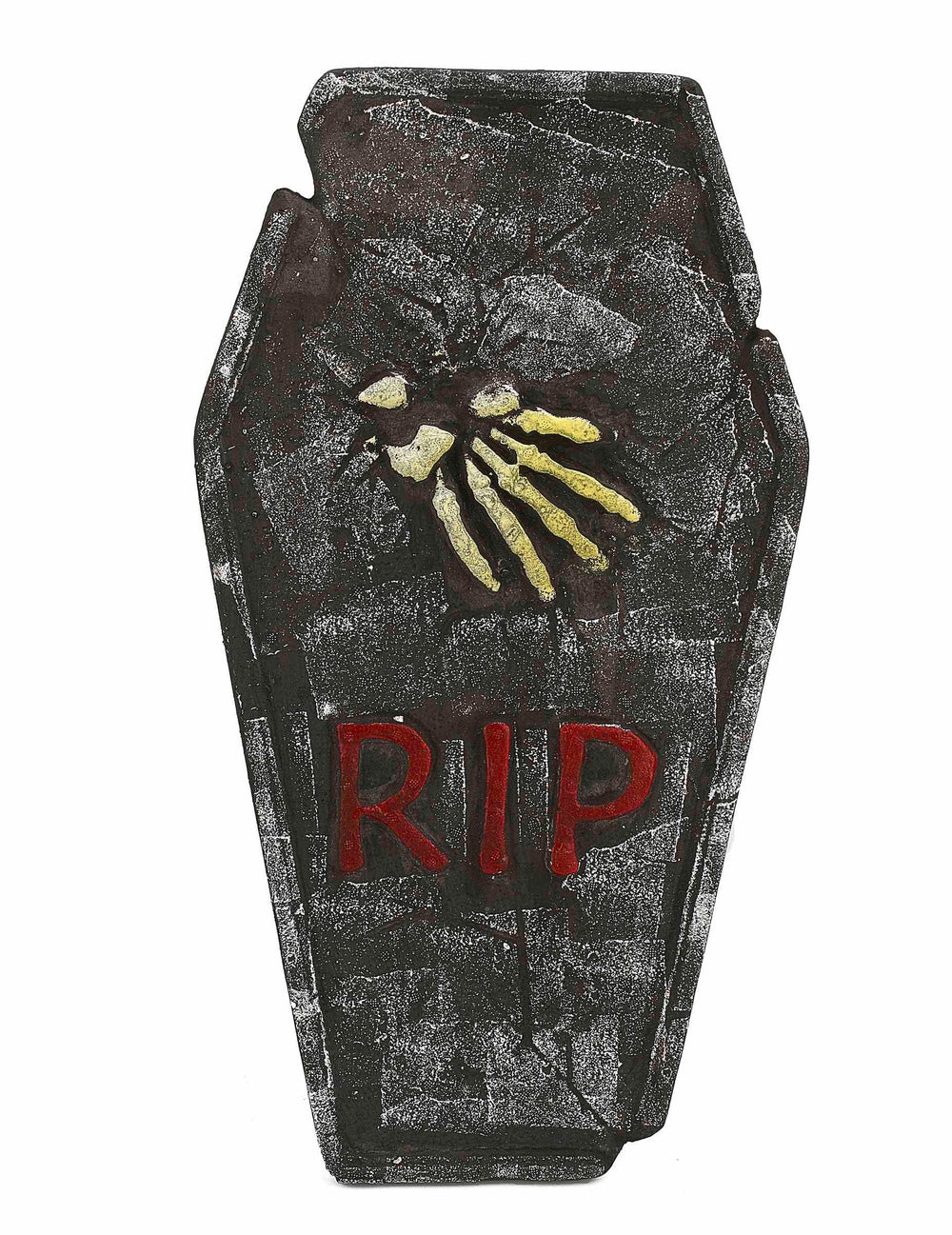 Siva grobna dekoracija za halloween s crvenim natpisom RIP i rukom kostura