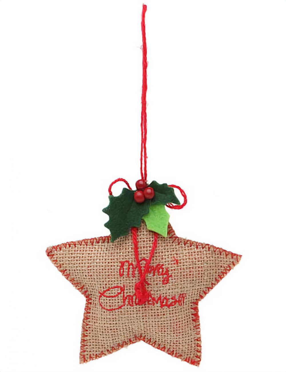 Ovjes zvijezda od tkanine Merry Christmas za božić od jute smeđa i crvena s božikovinom