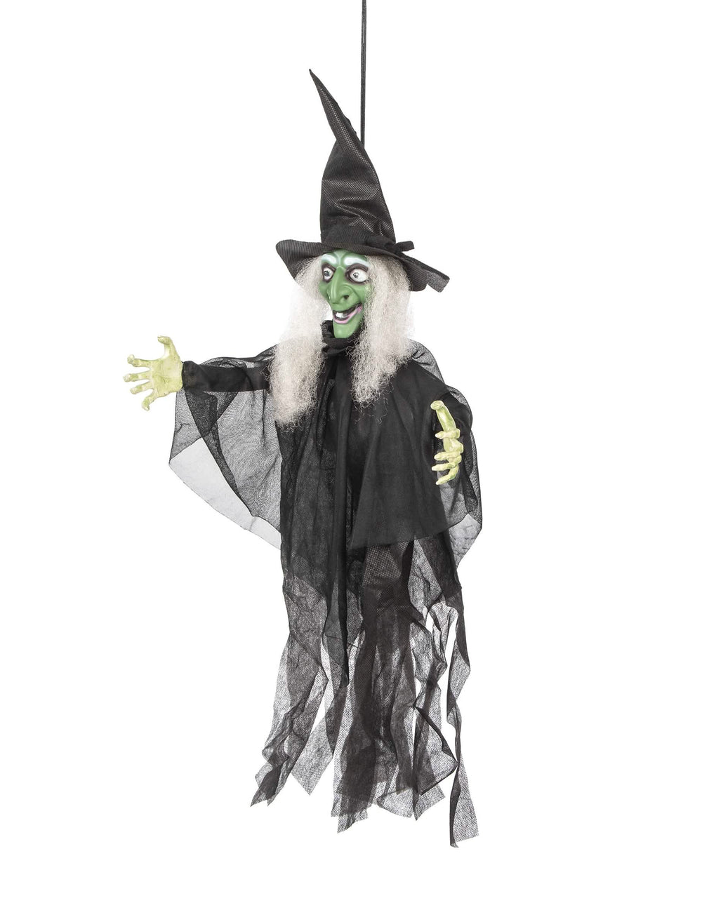 Bočni prikaz animirane, svjetleće i govoreće vještičje dekoracije za halloween