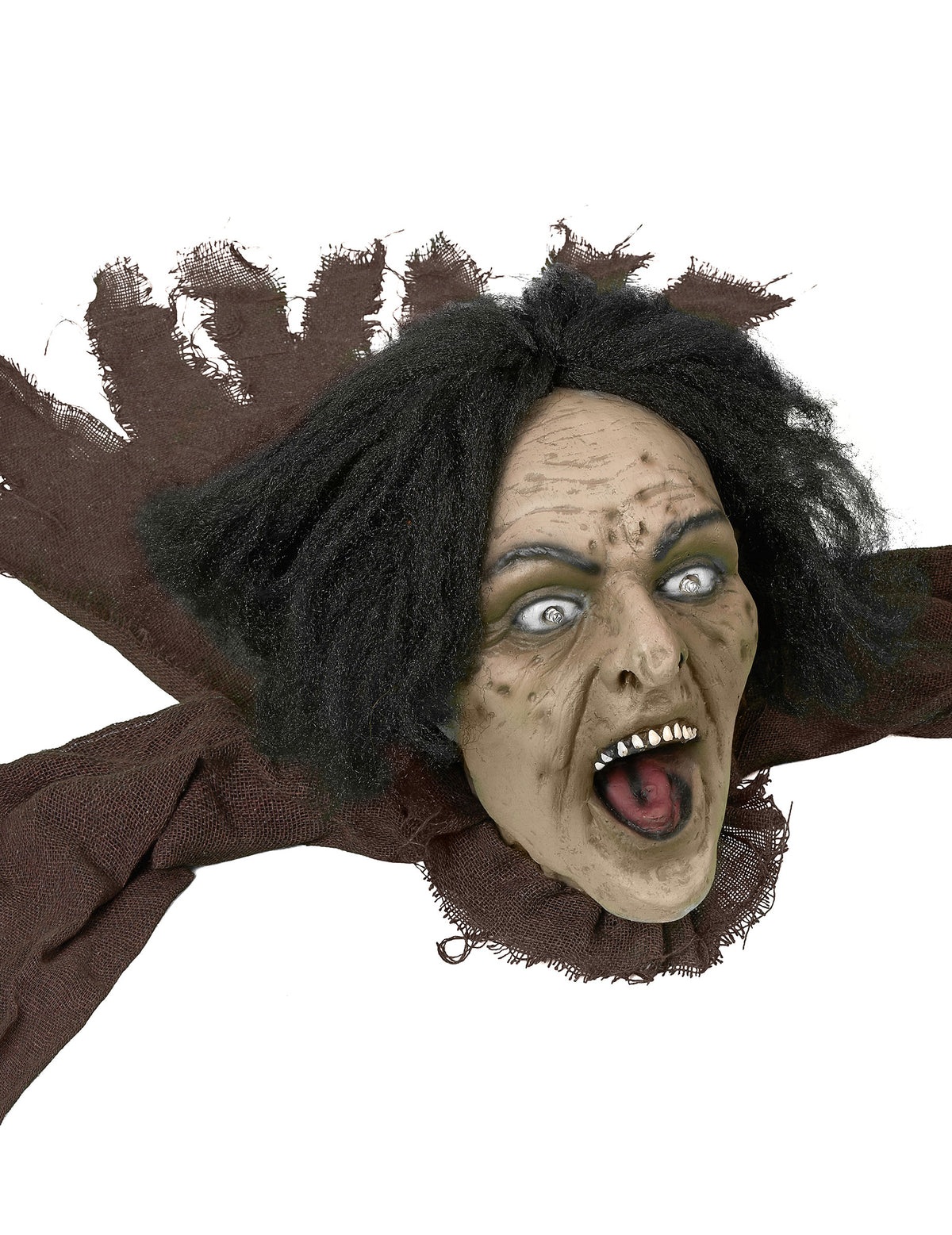Gros plan sur le visage effrayant de la décoration sorcière sonore et lumineuse pour Halloween