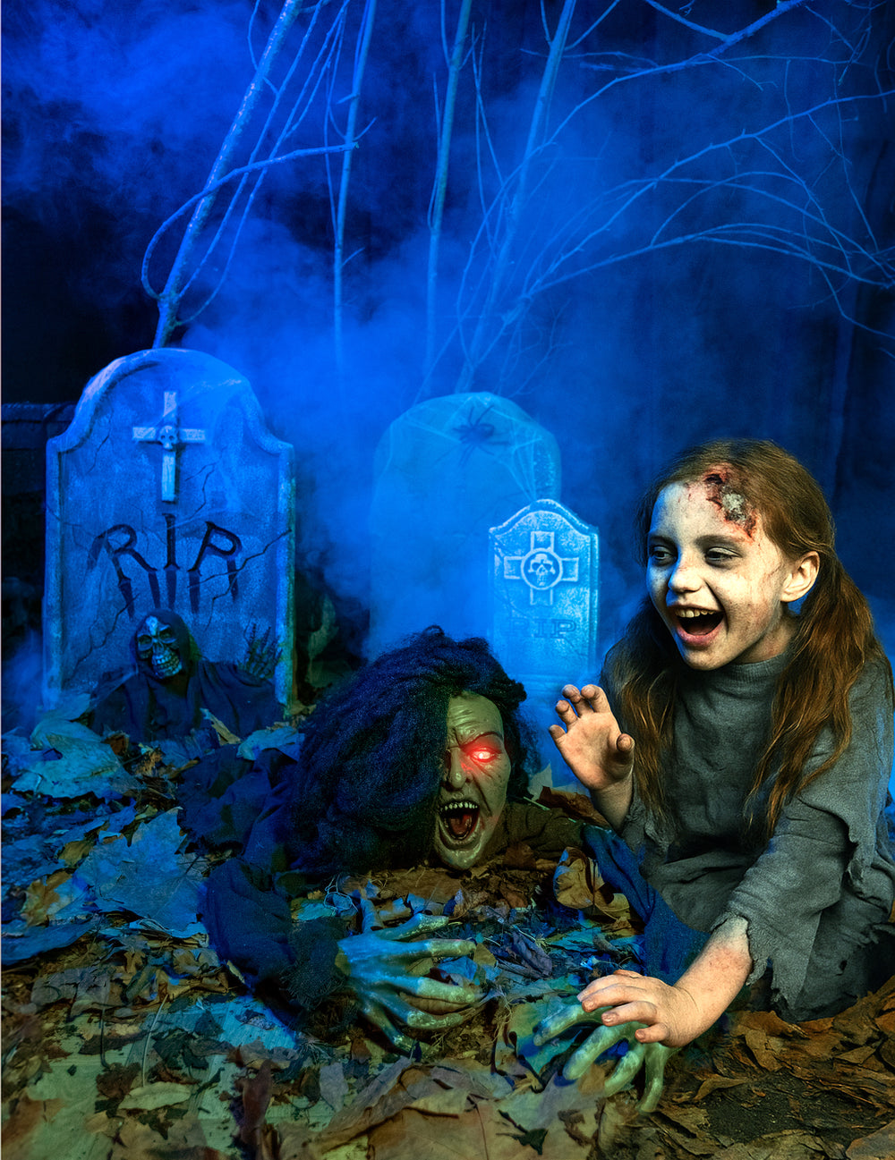 Décoration sorcière sonore et lumineuse pour Halloween verte aux yeux rouges