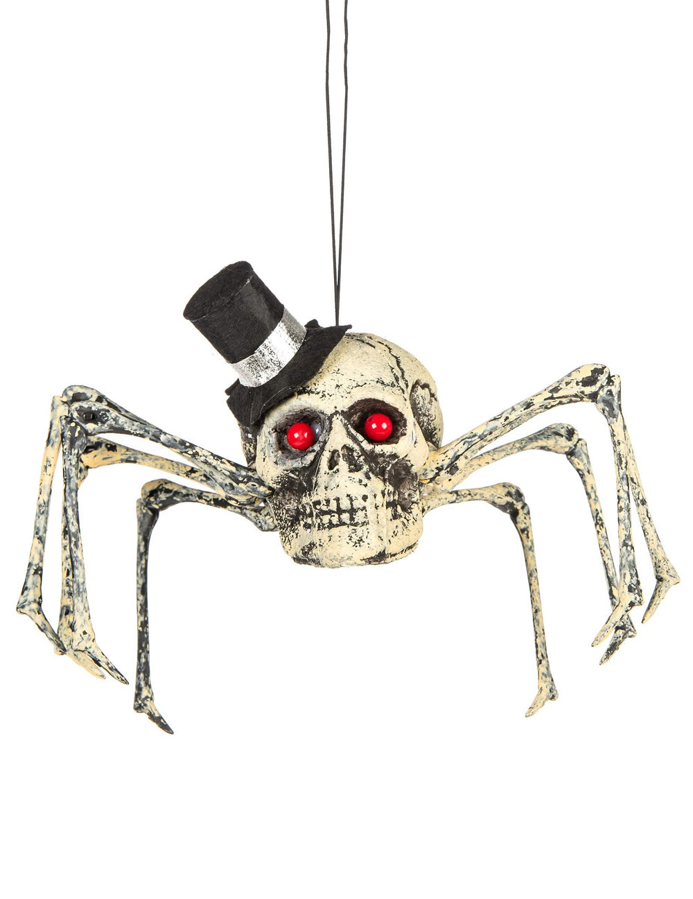 Dekoracija kostura pauka za halloween bež s cilindrom i crvenim očima