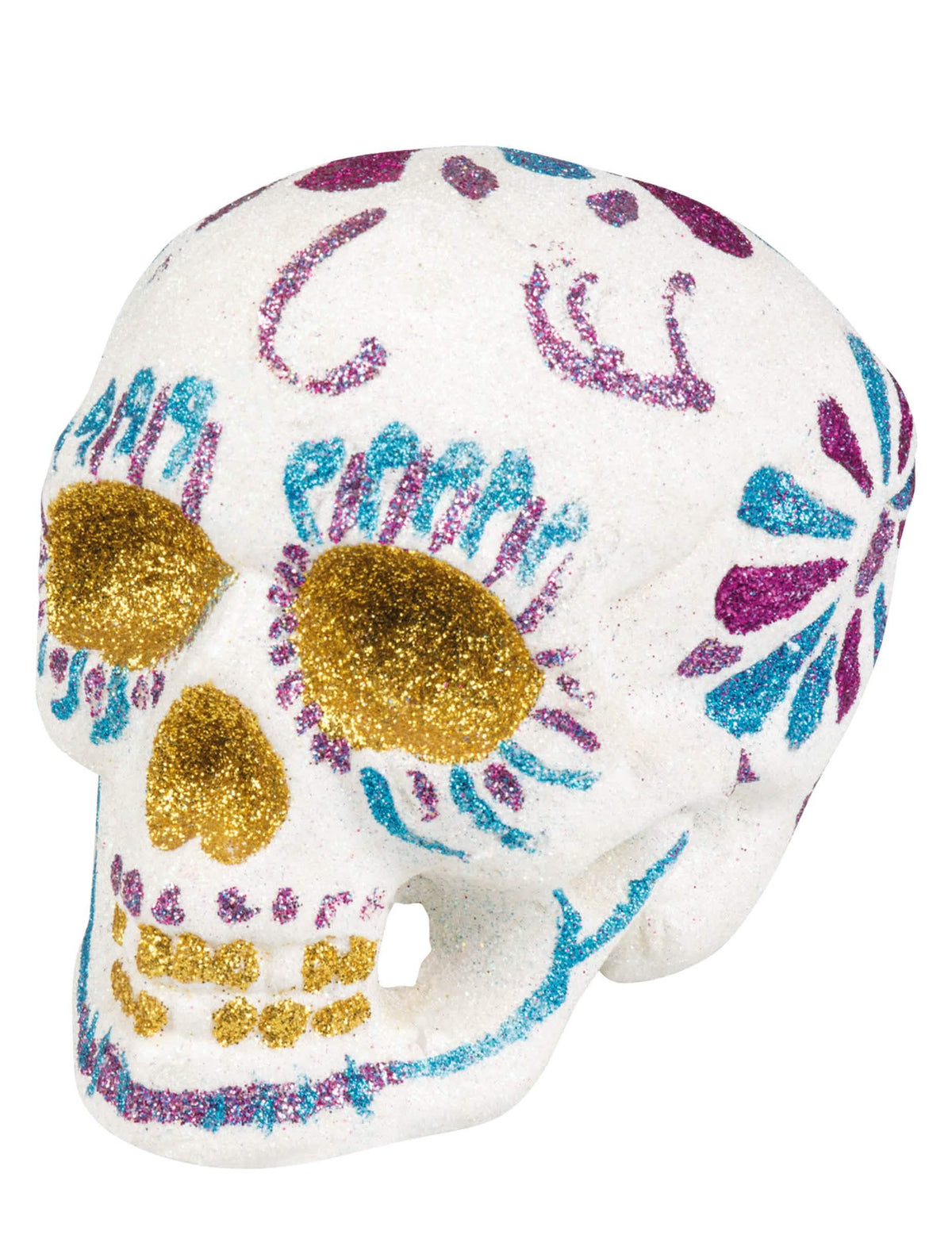 Ukras lubanje Dia de los muertos za halloween, bijeli sjajni s zlatnim i ljubičastim šljokicama