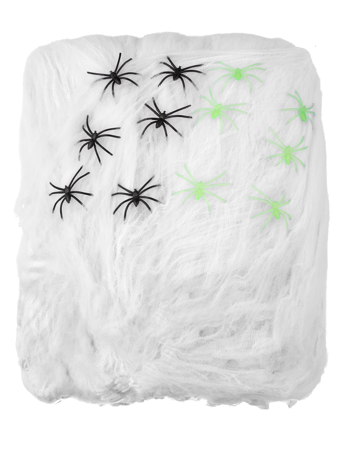 Décoration toile d'araignée Halloween blanche avec araignées noires et vertes 500g