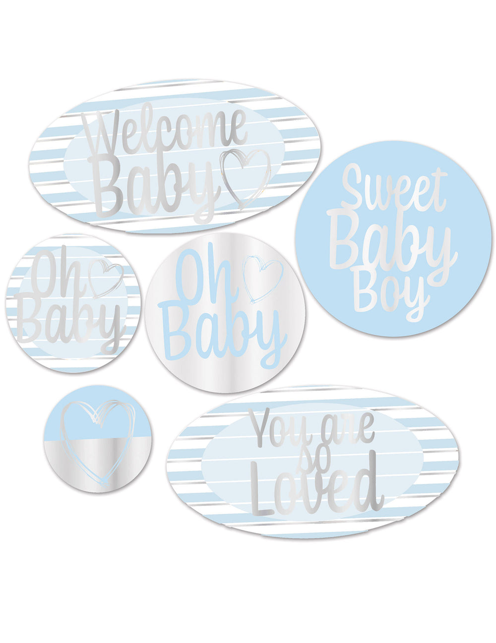 Décorations en carton Welcome Baby pour baby shower garçon bleues et argentées